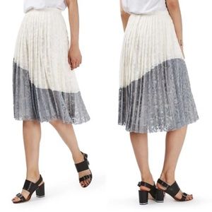 TOPSHOP Lace Overlay Pleated Colorblock Blue Gray / Cream Off-white Midi Skirt.